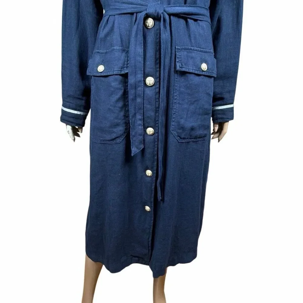 NWT L’AGENCE Kingsley Linen Shirt Dress Coat Navy Military Button Front Belted S